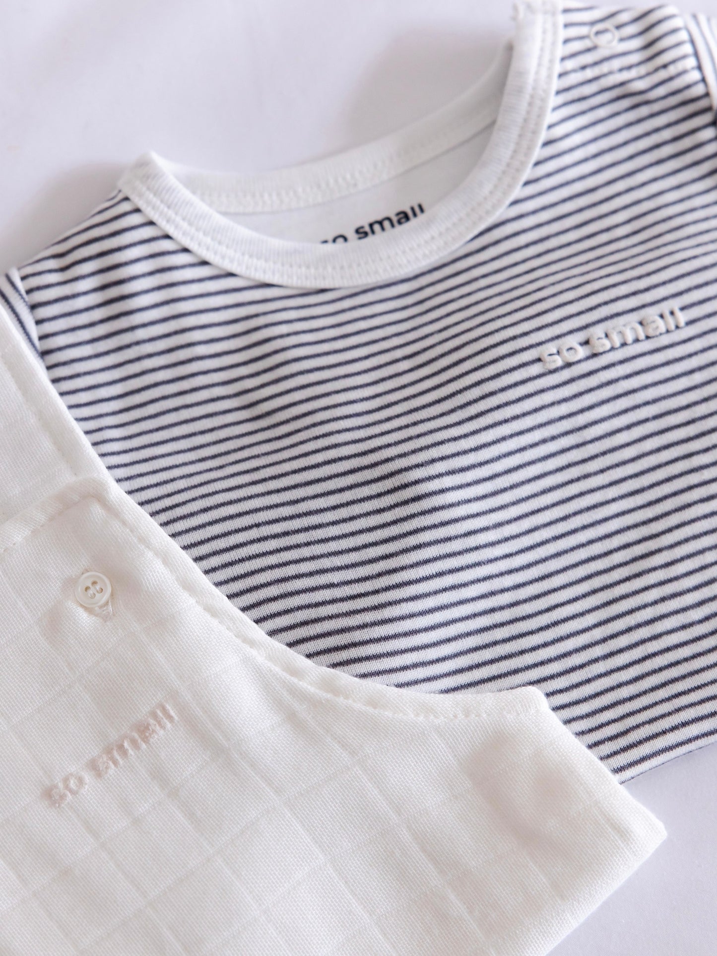 Organic Two-Piece Set (Barely Blue Striped Bodysuit+ White Muslin Jumpsuit)