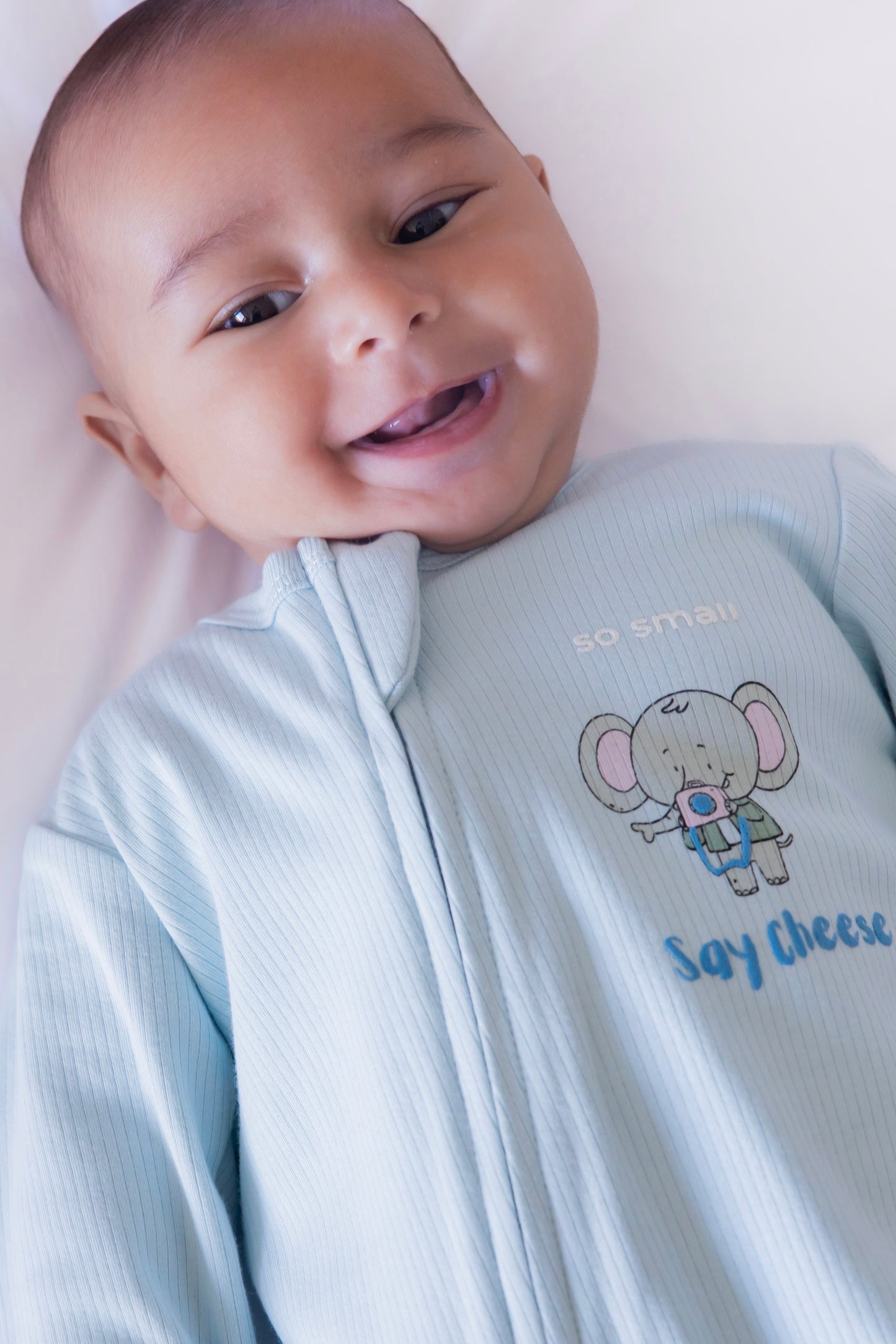 Organic Footless Zipper Onesie- Say Cheese in Delicate Blue