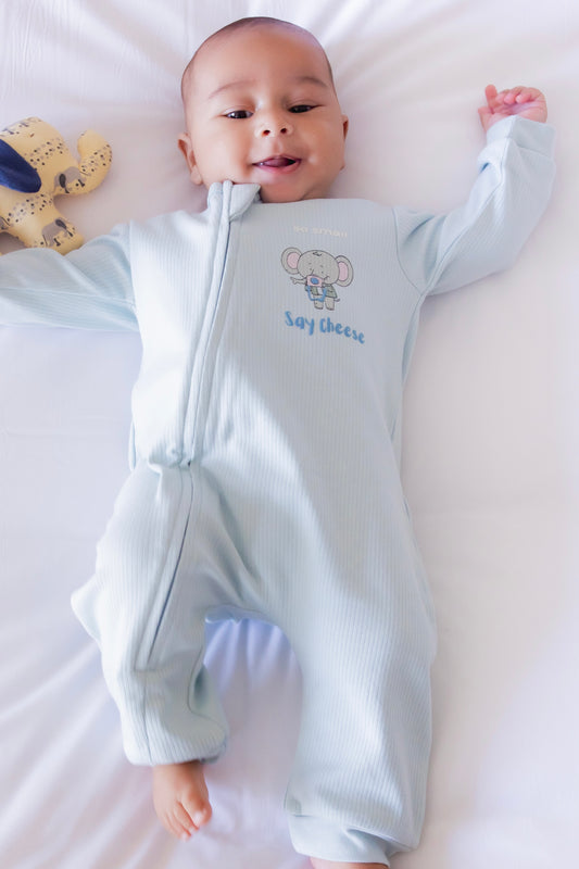 Organic Footless Zipper Onesie- Say Cheese in Delicate Blue