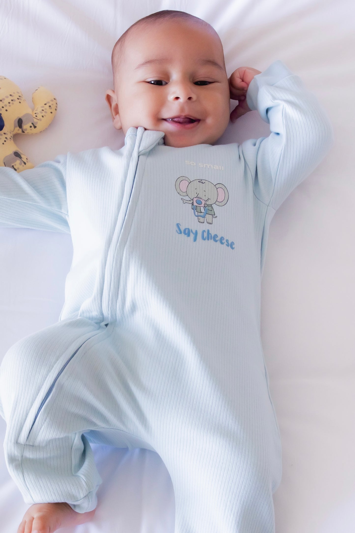 Organic Footless Zipper Onesie- Say Cheese in Delicate Blue