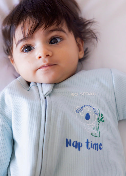 Organic Footless Zipper Onesie- Nap Time in Delicate Blue