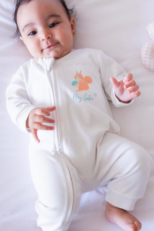 Organic Footless Zipper Onesie- Hey Cutie in Vanilla White