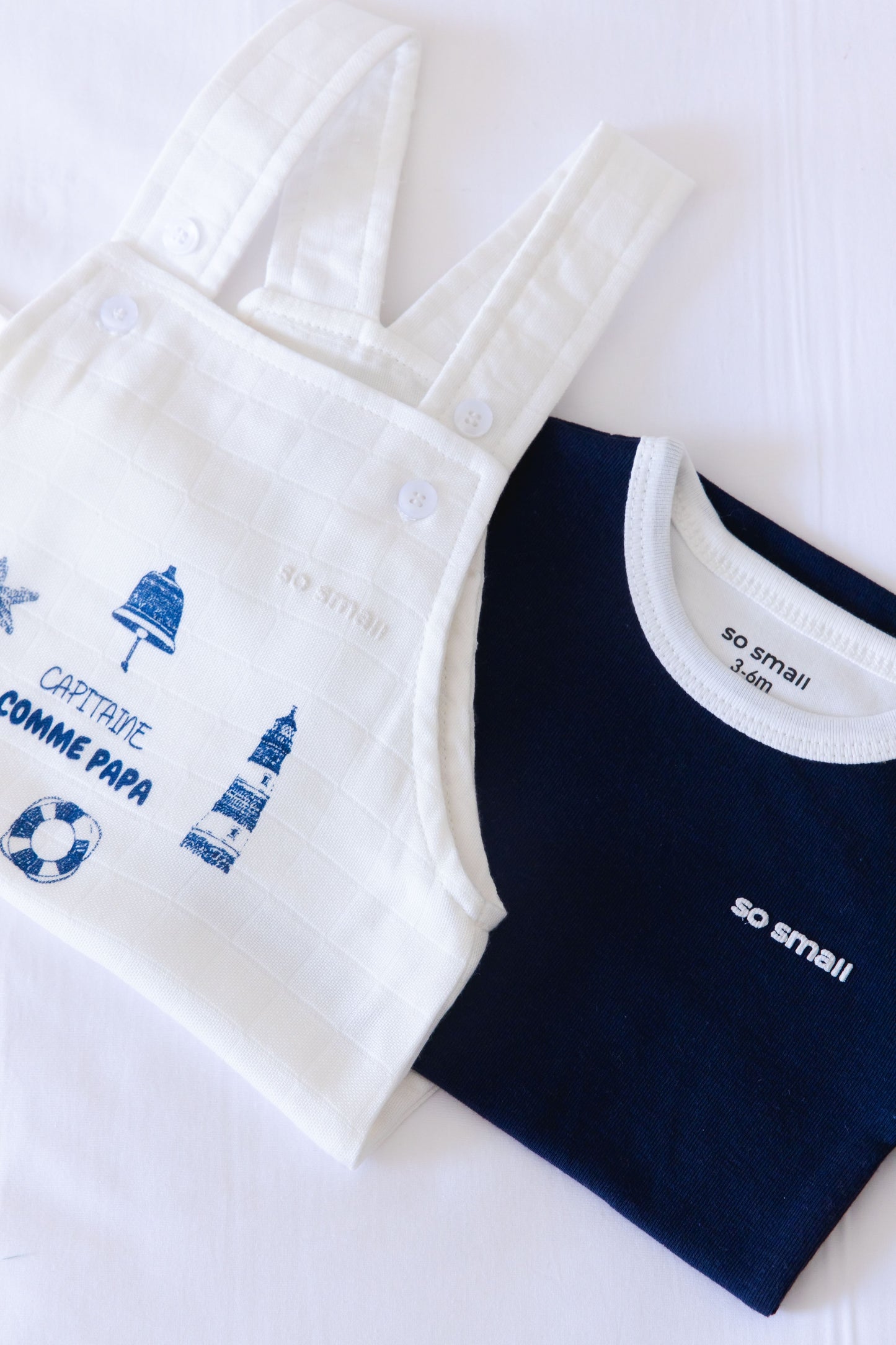 Organic Two-Piece Set (Magnetic Blue Bodysuit+ Capitaine Comme Papa White Muslin Jumpsuit)