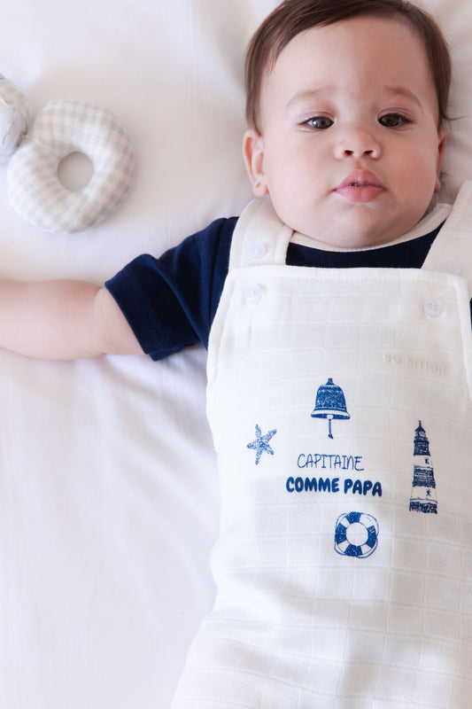 Organic Two-Piece Set (Magnetic Blue Bodysuit+ Capitaine Comme Papa White Muslin Jumpsuit)