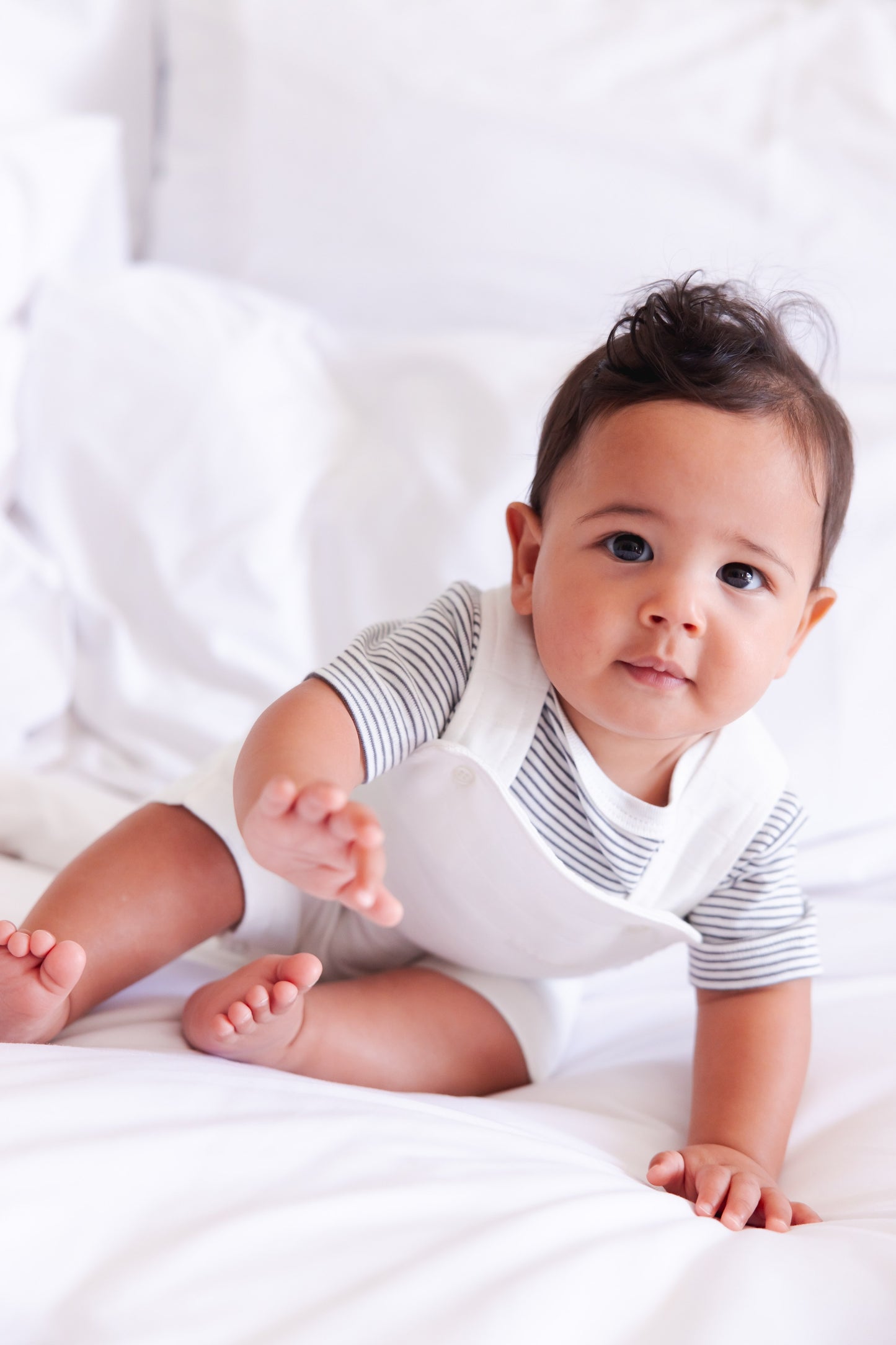 Organic Two-Piece Set (Barely Blue Striped Bodysuit+ White Muslin Jumpsuit)