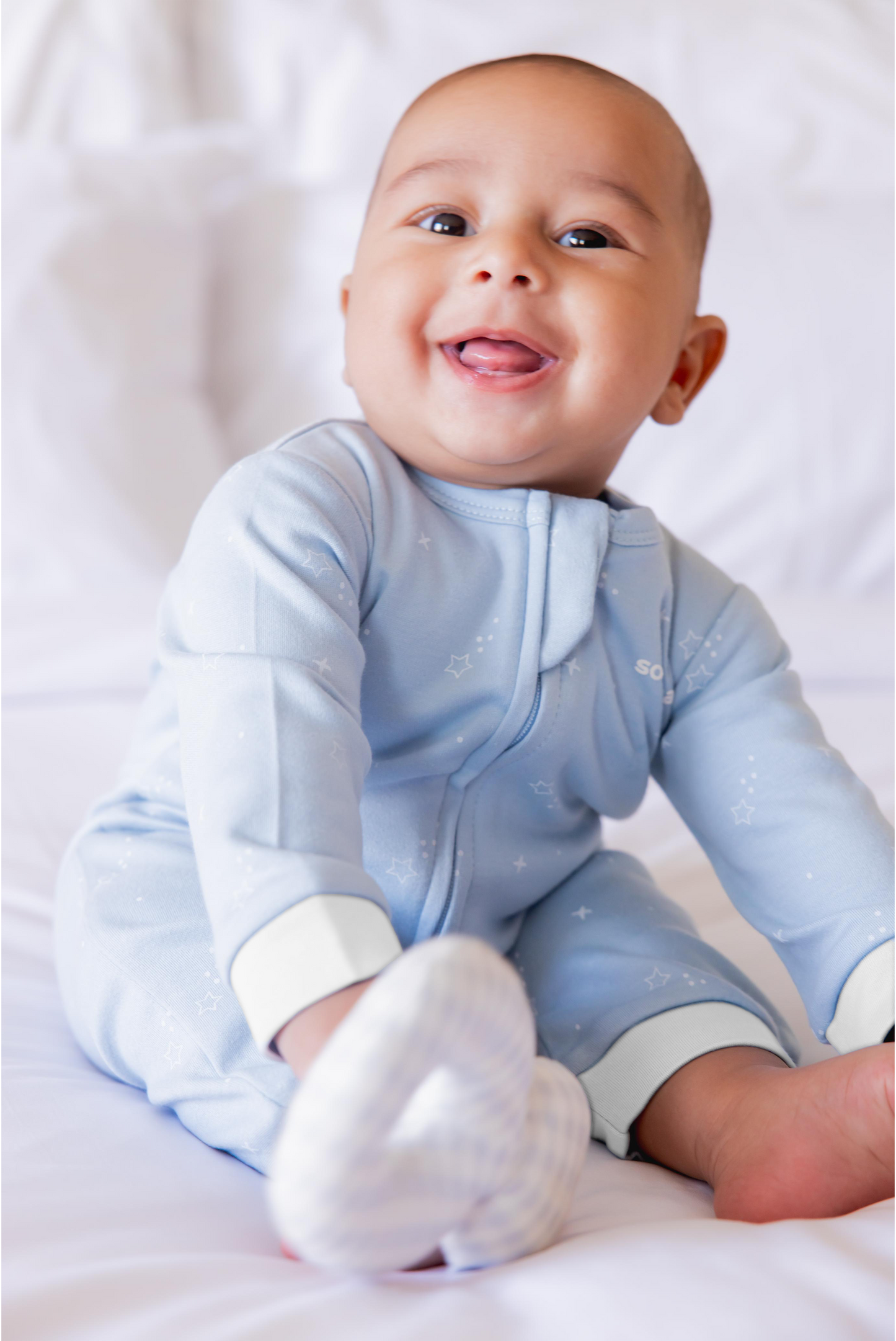 Organic Footless Zipper Onesie- Baby Blue. Baby Star